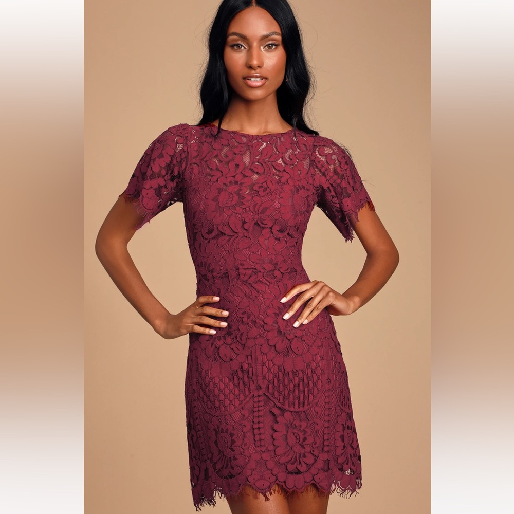 Lulu’s Pearson Wine Red Lace Short Sleeve Dress